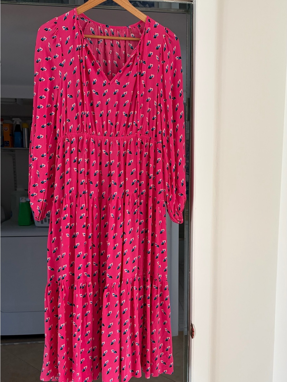 Diane Von Furstenberg Fuchsia Printed Long Sleeve Tiered Dress